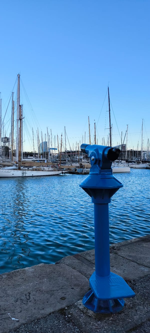 Coin telescope overlooks marina with docked boats under clear skies