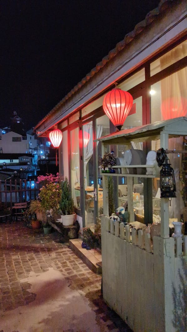 Red lanterns illuminate nighttime street scene in Da Lat