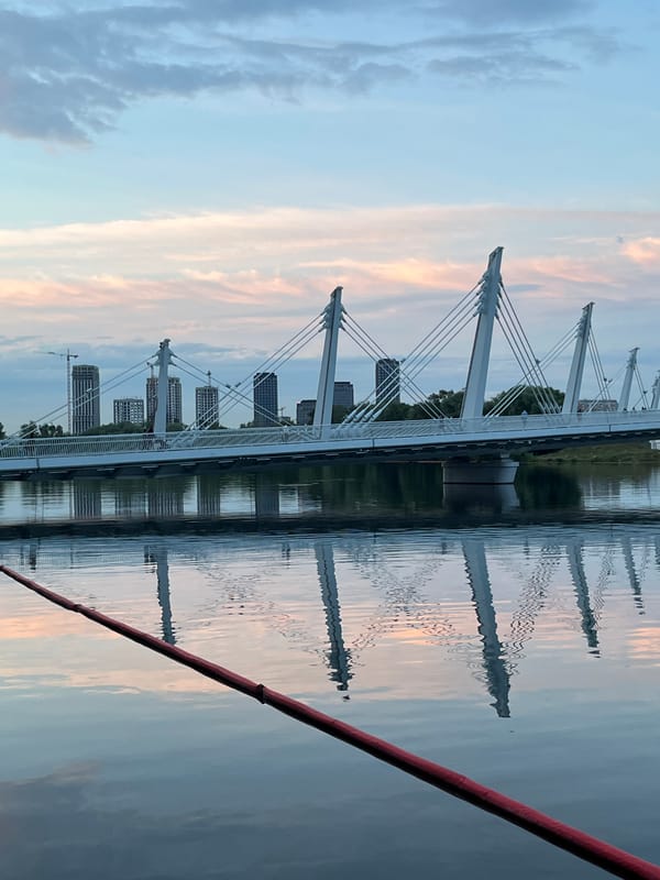 Moscow riverfront at dusk: bridge, hippos, and the city skyline