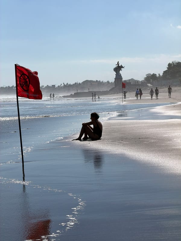 Morning at a flagged beach on Bali's volcanic sand coast