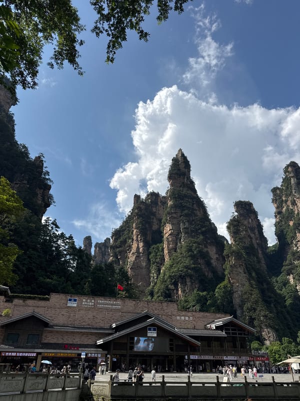Zhangjiajie's sandstone pillars loom over a gathering crowd