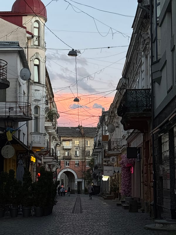 Twilight on a cobblestone street in Ternopil, Ukraine