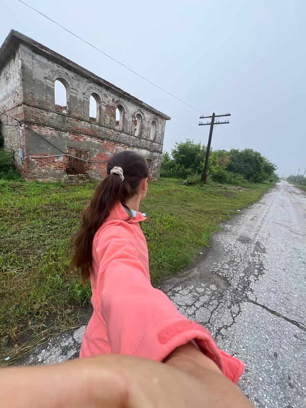 Foggy morning stroll through a weathered Russian village