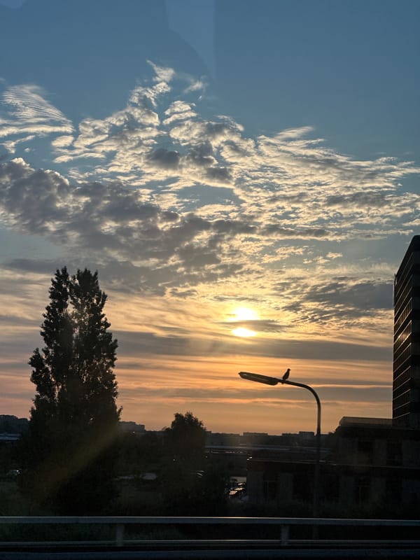Dusk skyline rolls past on a Dutch evening drive