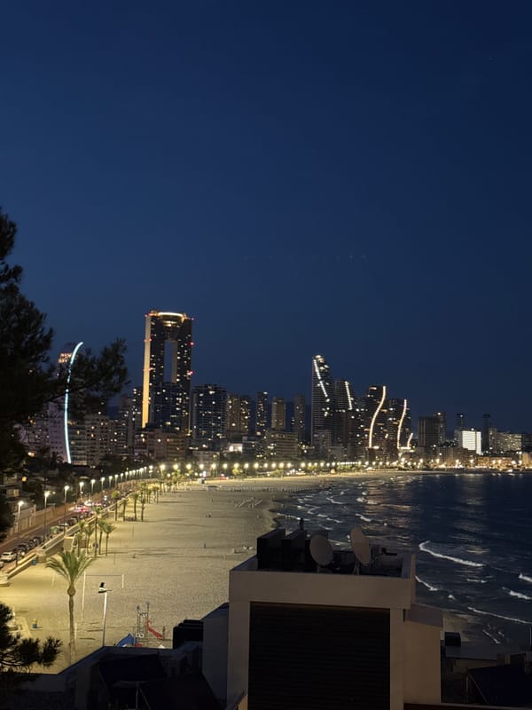 Benidorm's beachfront skyline at night, from multiple vantage points