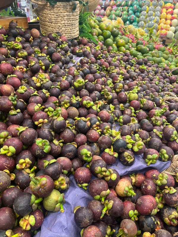 Mangosteens and durians at a Nha Trang market stall
