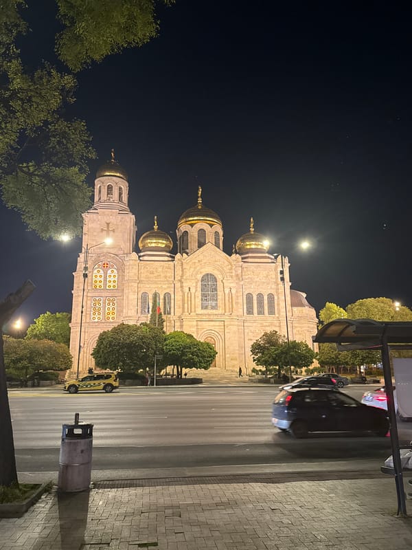 Cathedral illuminated at night in Varna, Bulgaria