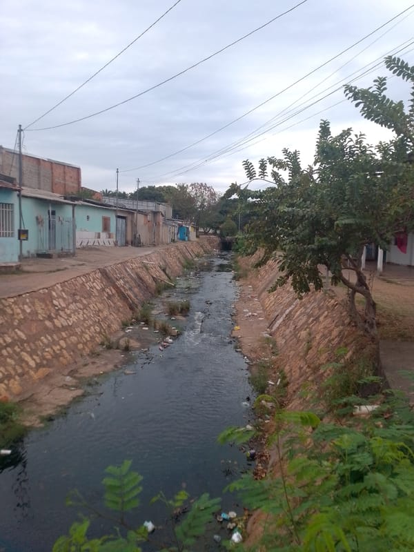 Polluted canal with trash documented in Cuiabá residential area