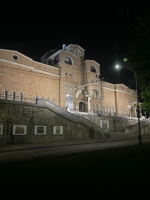 Nighttime photography captures illuminated landmarks in Veliko Tarnovo, Bulgaria