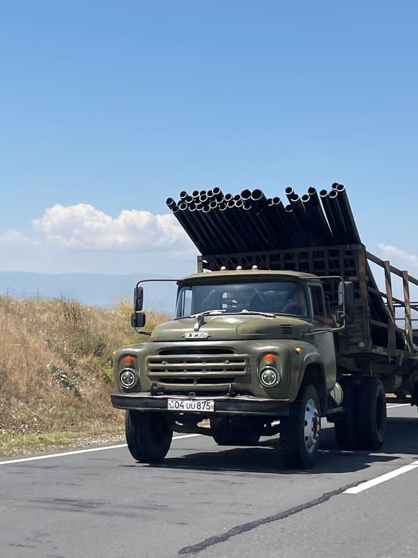 Morning road life and landscapes through Tigranashen, Armenia
