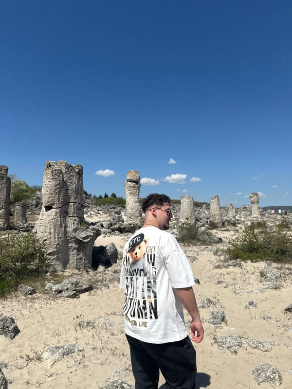 Tourist visits Stone Forest geological site near Slanchevo, Bulgaria