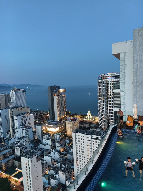 Rooftop pool twilight scenes documented across Vietnamese coastal cities