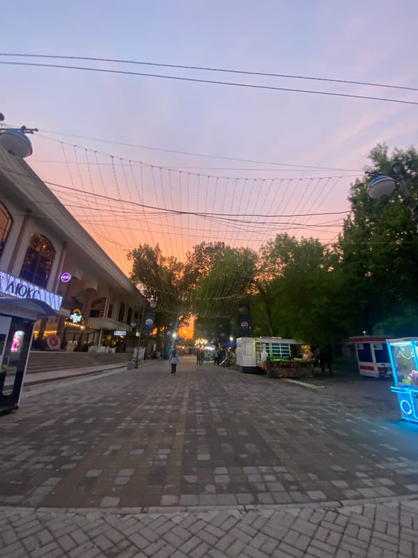Twilight street scene observed in Tashkent with pedestrians