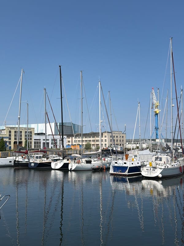Wismar marina on a calm, sunny summer morning