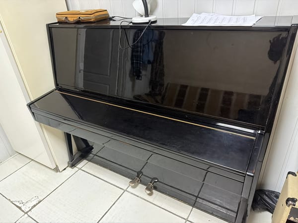Black piano and metal furniture observed indoors