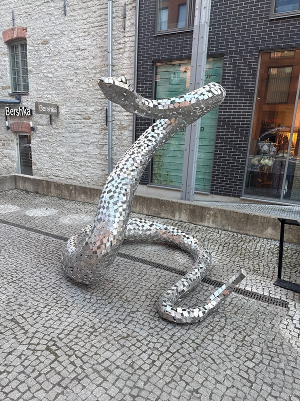 Abstract metal animal sculptures displayed in Tallinn pedestrian area