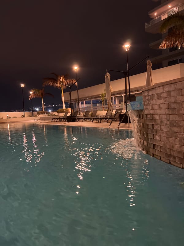 Nighttime hotel event and poolside scenes in Arica, Chile