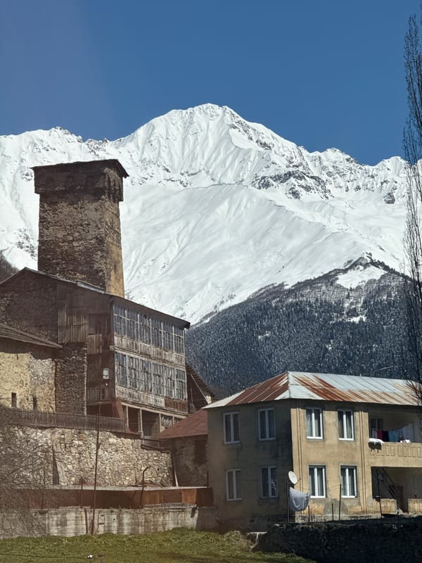 Snow-covered mountains documented in Mestia, Georgia