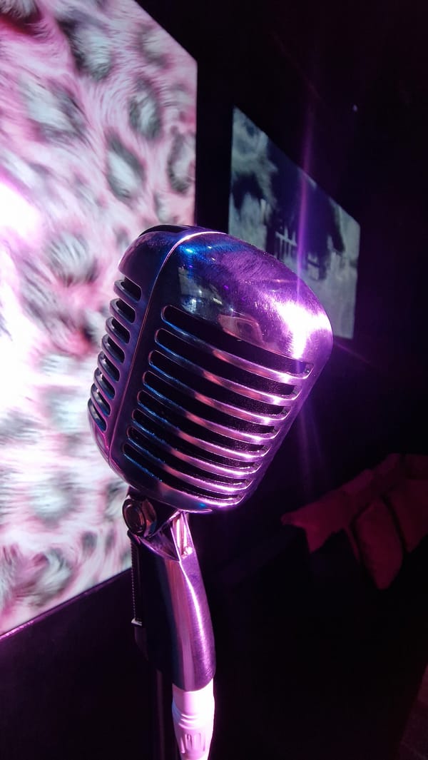Karaoke session captured at Thailand establishment with vintage microphone