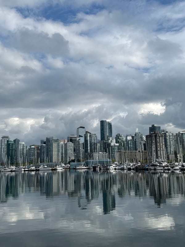 Vancouver waterfront scene captured showing cityscape and marina reflections