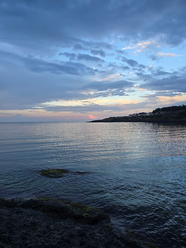 Rocky coastline at dusk, sunset colors and calm seas