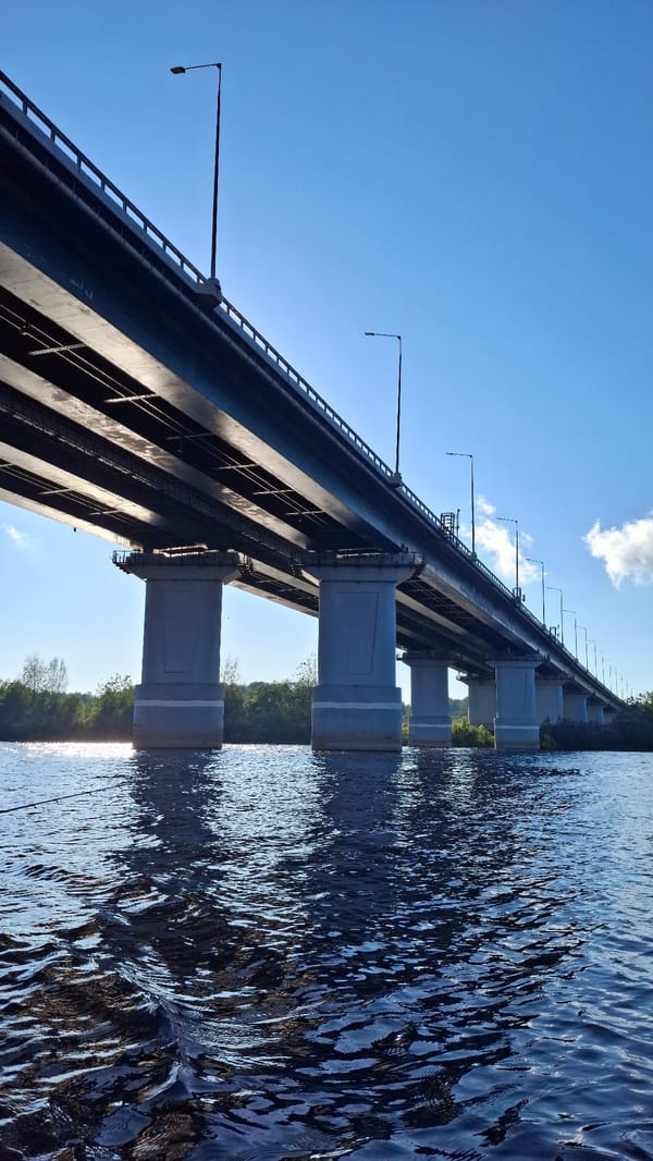 Fishing trip documented under concrete bridge in Sitno, Russia