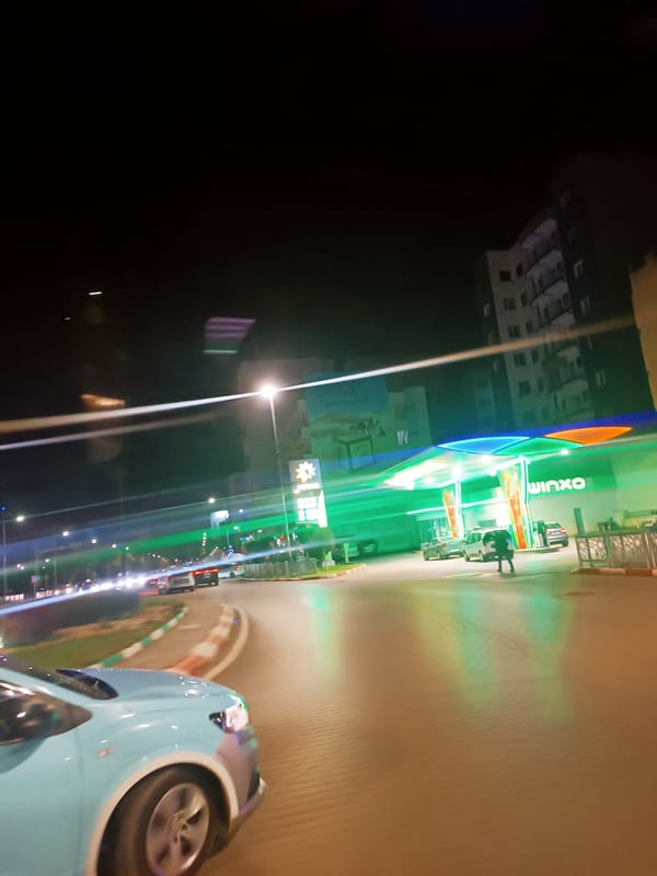 Nighttime street scenes captured in Meknes, Morocco