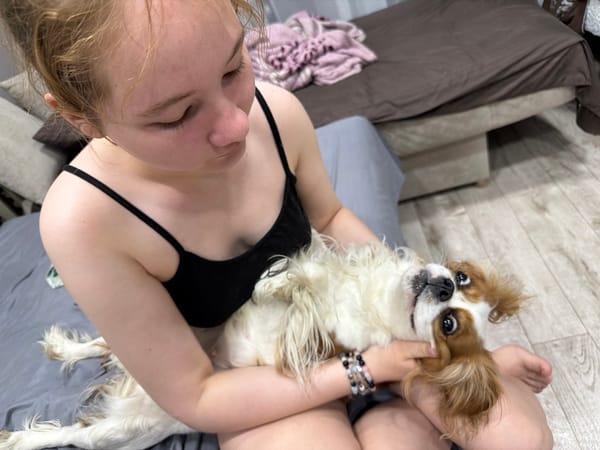 Woman poses with Cavalier King Charles Spaniel in Chaikovsky