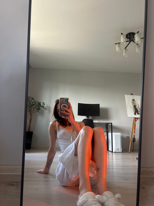 Mirror selfie session in white fits, Ternopil apartment