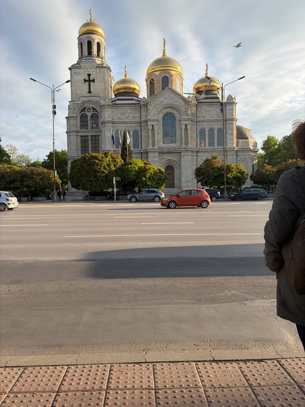 Street view of ornate cathedral captured in Varna, Bulgaria