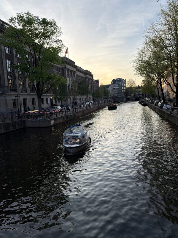 Evening canal scenes and decorated bicycle captured in Amsterdam