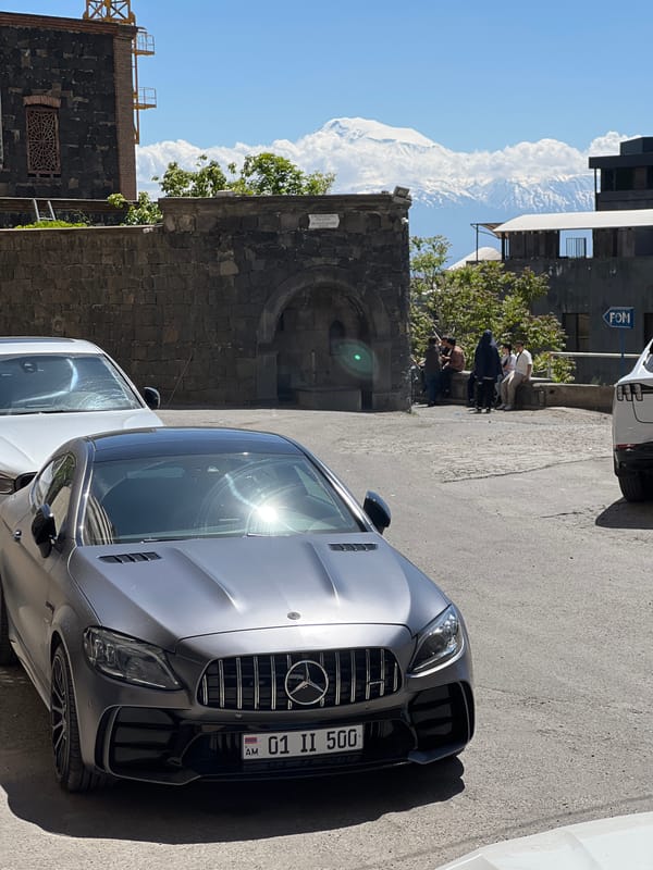 Mercedes and flowers separately documented in Yerevan streets