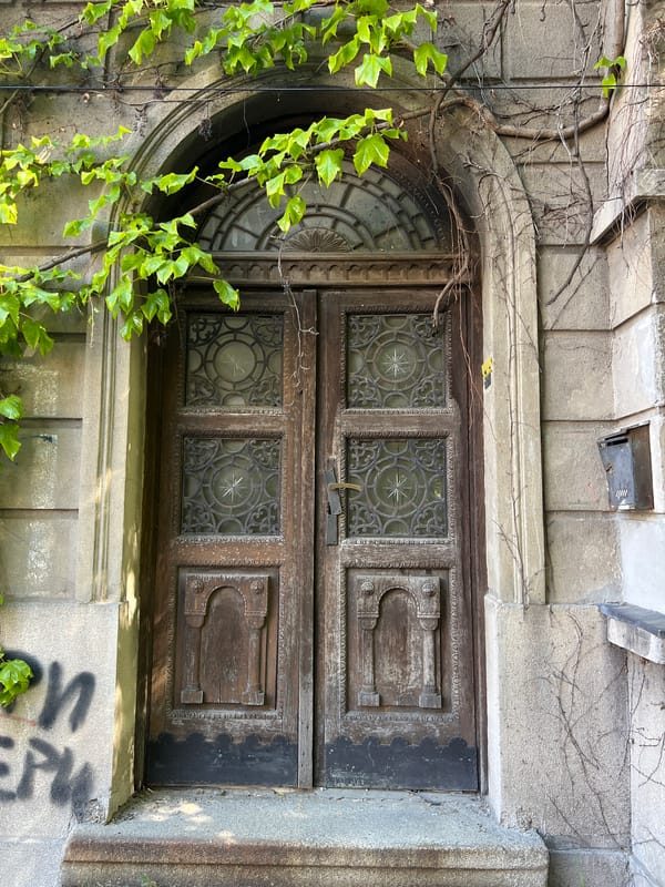 Ornate weathered wooden door documented in Belgrade stone archway