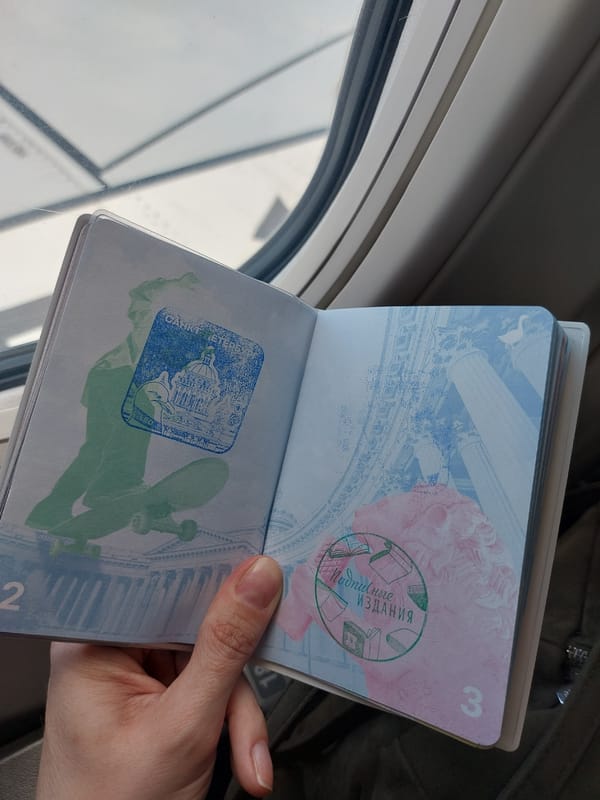 Passenger documents departure from Saint Petersburg airport with passport, boarding pass