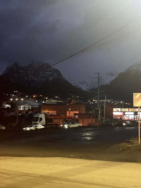 Wet winter night on the streets of Ushuaia, Argentina