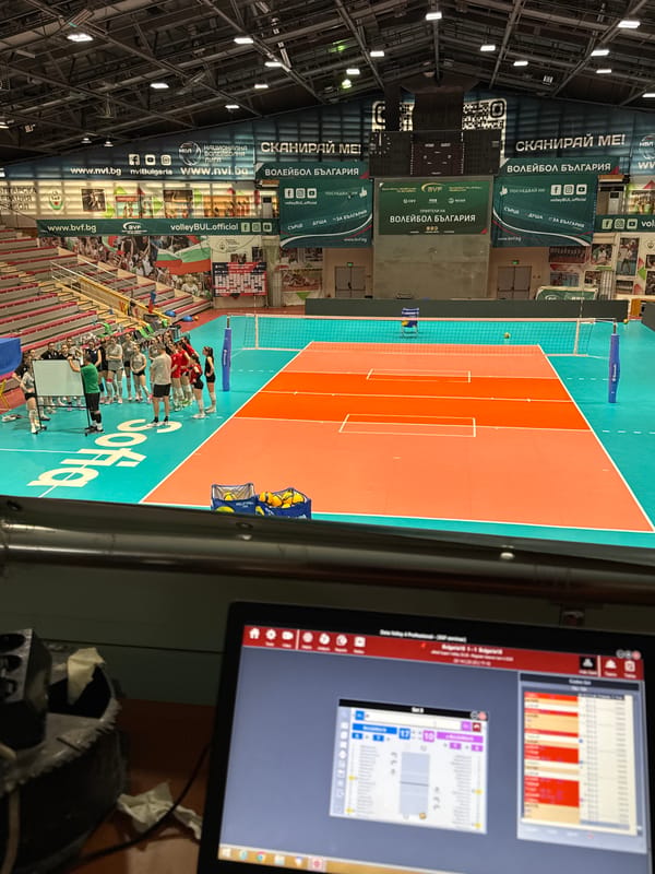 Indoor volleyball activity observed from elevated perspective