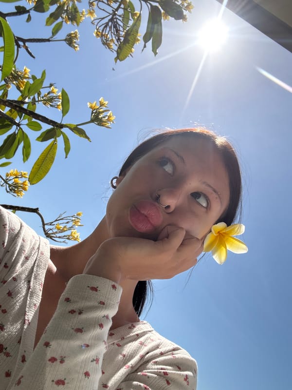 Plumeria flowers featured in outdoor poses and interior scenes