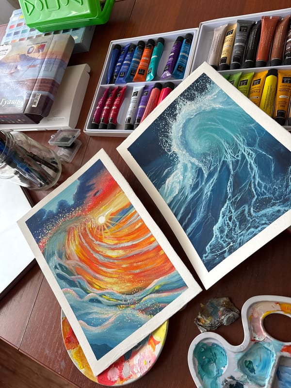 Artist workspace documented in Izhevsk showing completed vortex paintings