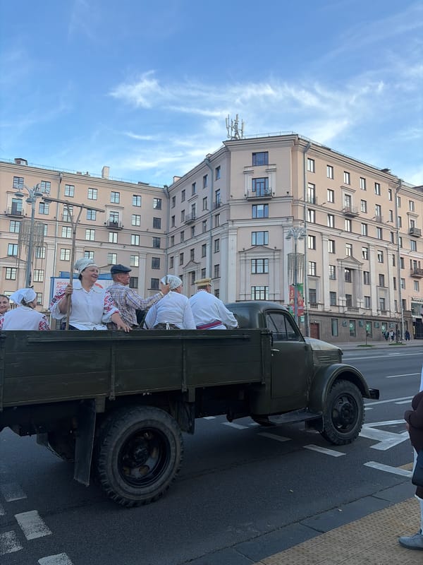 Traditional procession rolls through Minsk on a vintage military truck