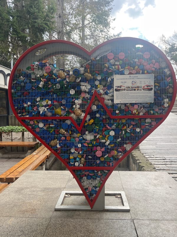 Heart-shaped bottle cap collection structure spotted in Varna, Bulgaria