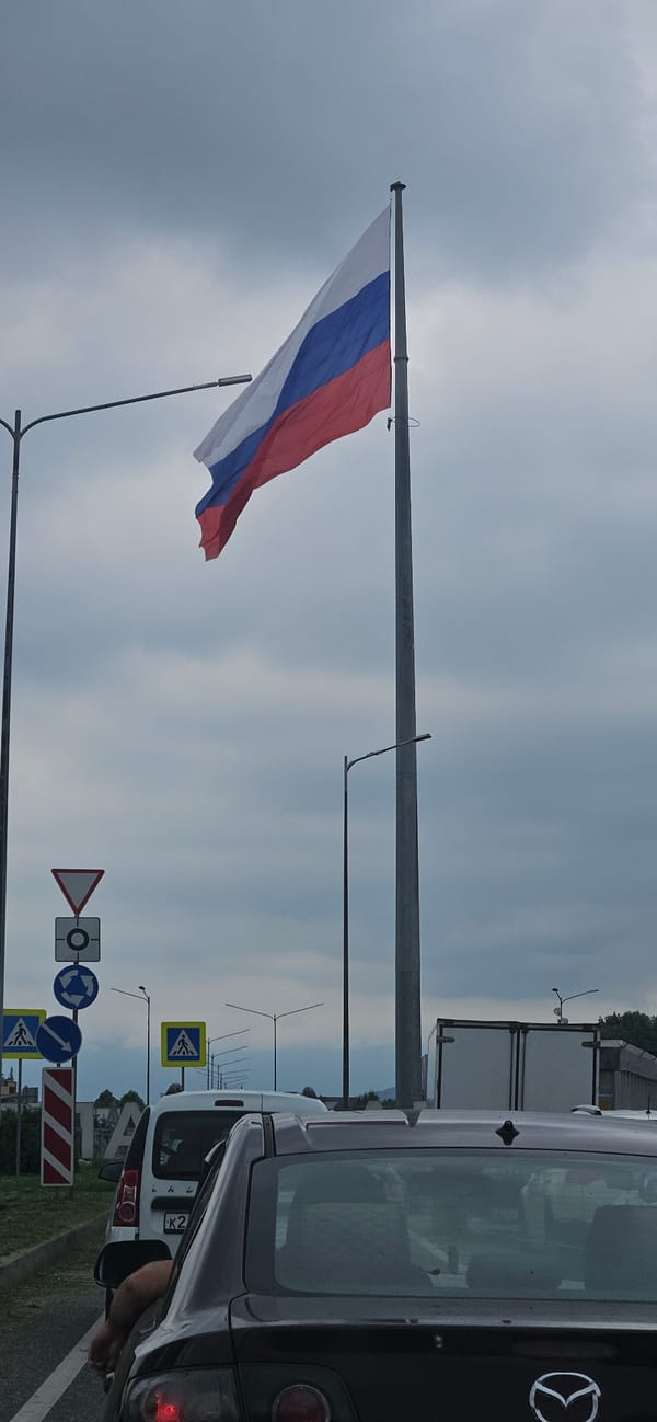 Russian flag, street traffic, and a resting husky dog