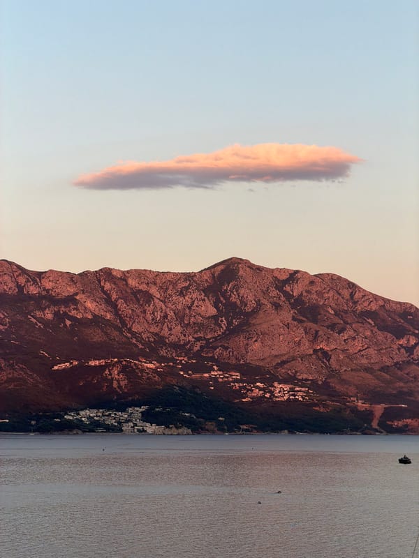 Dusk over Budva's marina and Old Town from above