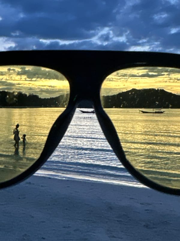Sunset beach reflected in sunglasses on Koh Phangan