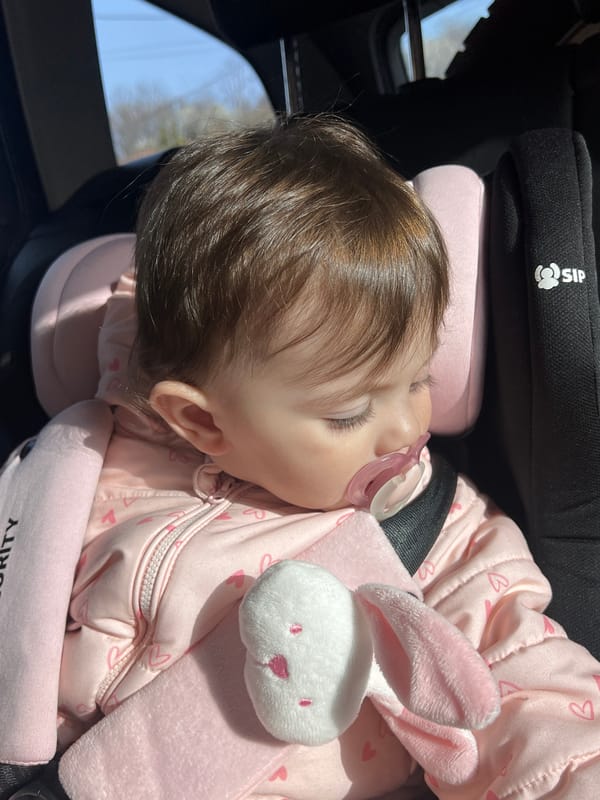 Baby sleeps peacefully in car seat with bunny toy