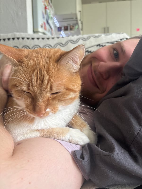 Man poses with orange cat in Zheleznogorsk home
