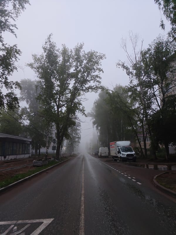 Heavy fog shrouds quiet streets in Chaikovsky, Russia