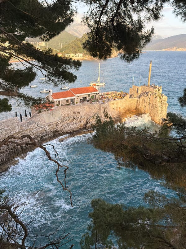 Coastal view of Petrovac peninsula captured from elevated position