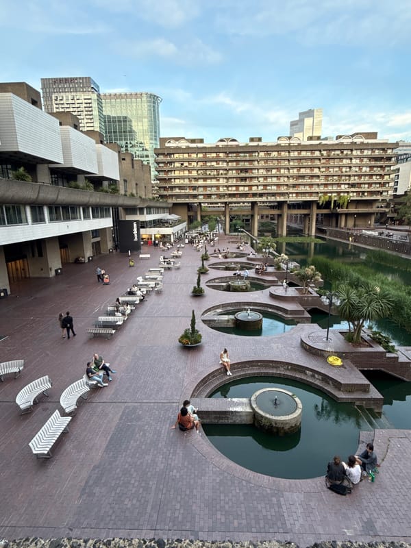 Evening documentation of London's Barbican Estate brutalist architecture complex