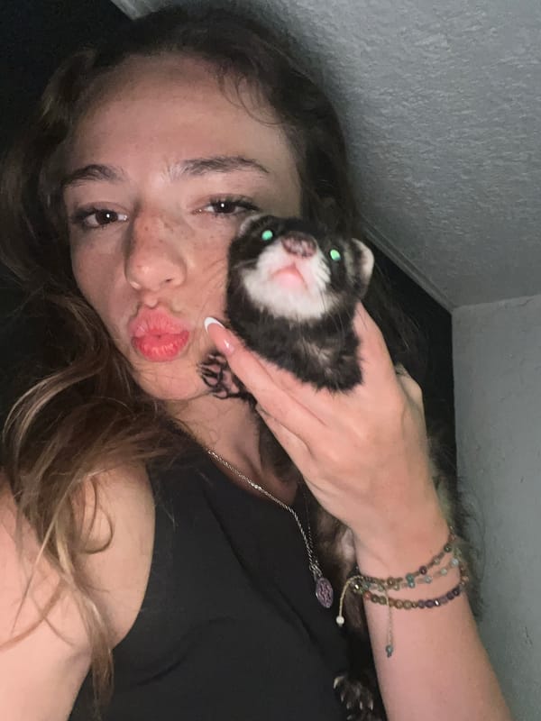 Woman poses with pet ferret in Tlaxcalancingo, Mexico