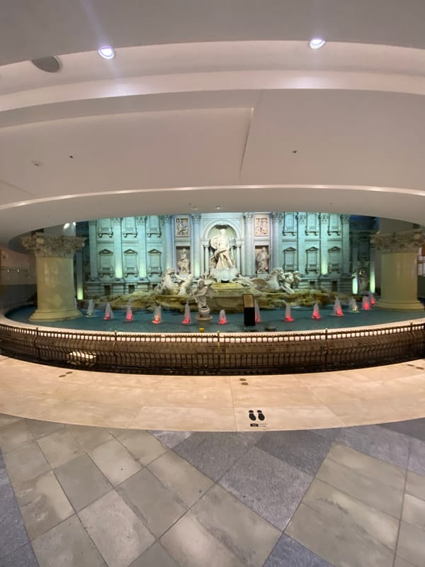 Visitor approaches illuminated Trevi Fountain replica at Seoul COEX Mall